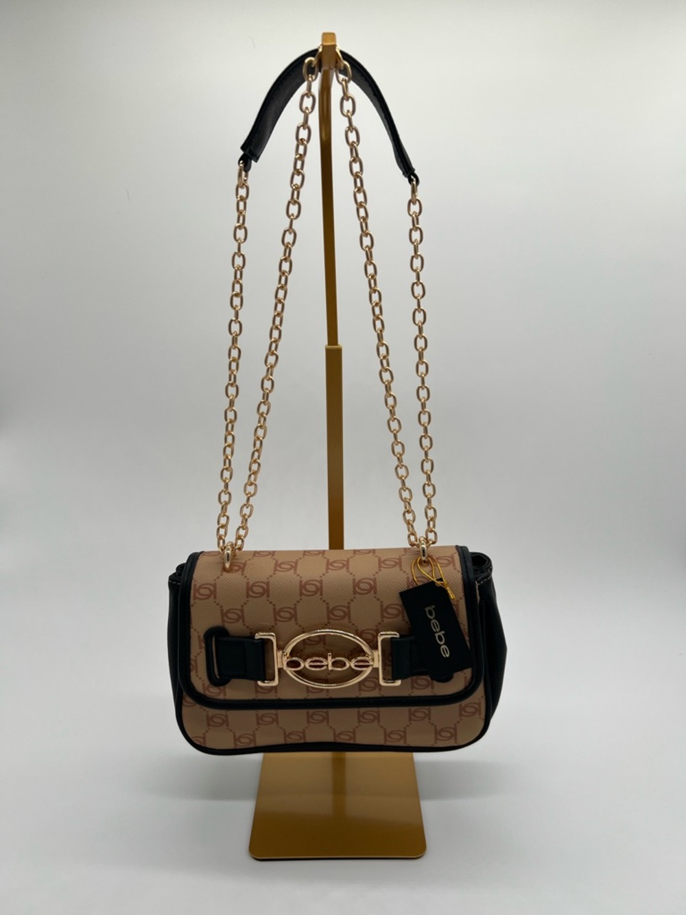 bebe Tan and Black Logo Chain Shoulder Bag with Gold Hardware
